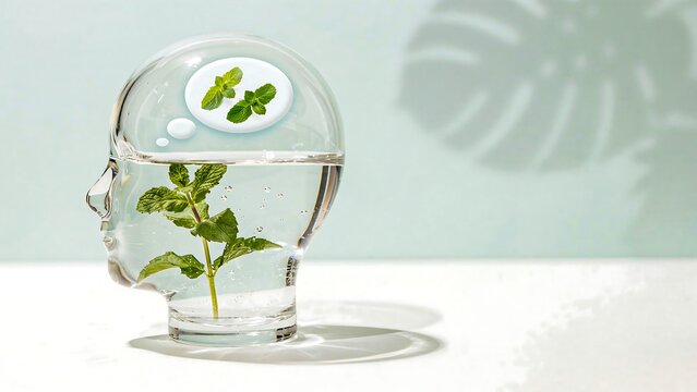 Human head shaped glass container with green plant and microorganisms representing biotechnology environmental science and sustainable innovation
