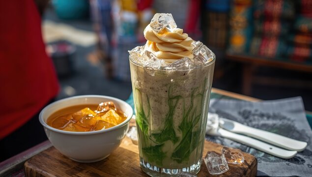 Cendol Dawet is a traditional Indonesian beverage made with rice flour, filtered, and combined with sugar water and coconut milk, creating a sweet iced dessert.