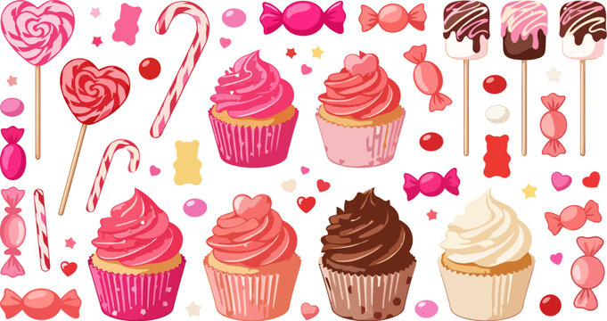 Set of various sweet treats including cupcakes, lollipops, candies, and marshmallows
