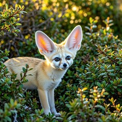 Fototapeta premium Small Fennec fox stands in green bush. Cute desert animal looks at camera with large ears. Wild mammal hides in leaves during sunny day. Furry creature portrait in nature environment. Wildlife
