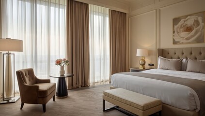 Fototapeta premium Hotel room design featuring key items like a bed, chair, curtains, small table, wall, and lamp.