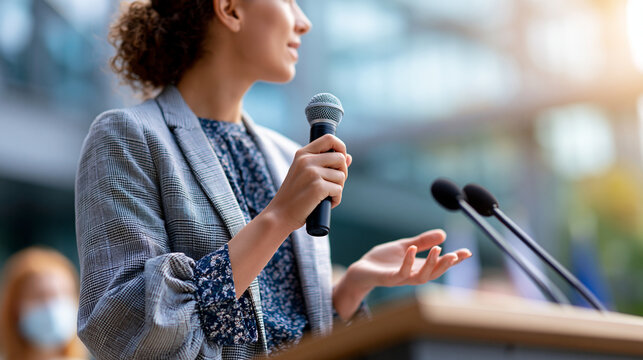 Before a bright press backdrop without flags or logos, a polished female public representative delivers a formal speech during a media campaign, microphones at the podium, confident