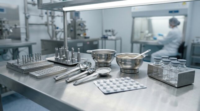 Pharmaceutical manufacturing setup with capsule tooling, blister packs, tablet punches, granulation bowls, powder scoops, and sealed vials on a stainless bench.