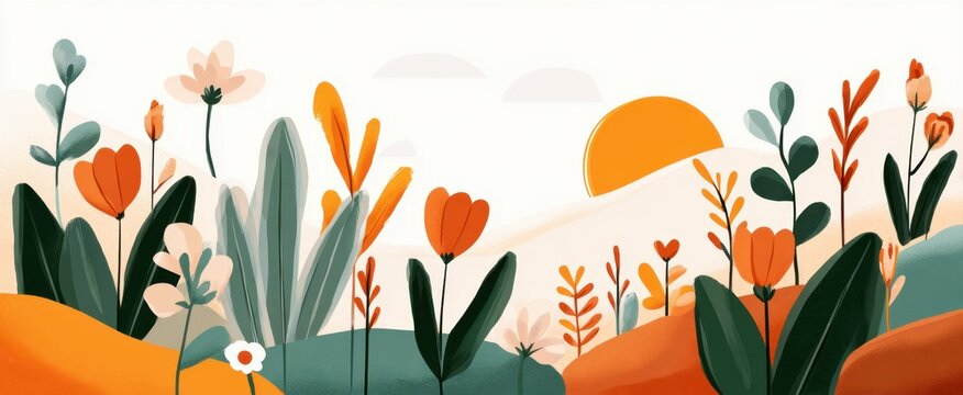 Minimal floral landscape banner with orange and green flat flowers and leaves for spring header background and social media design