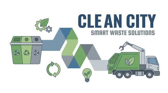 Garbage truck and recycling bin show smart waste management solutions.