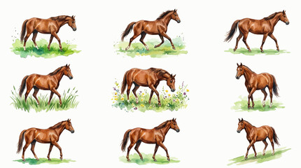 Obraz premium Brown Horse Collection Watercolor Illustrations Set