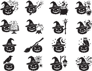 Obraz premium Jack o lantern pumpkins with witch hats casting spells and holding magical items in silhouette style