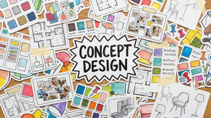 Fototapeta premium A topdown view of a designers desk covered in sketches floor plans color swatches and a central Concept Design sign