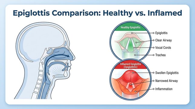 Medical anatomy diagram comparing healthy and inflamed human epiglottis