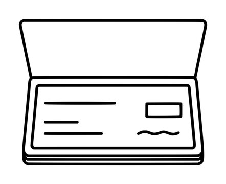 Black outline hand-drawn vector illustration of a blank vintage checkbook with empty lines, signature panel, and currency box on open cover, isolated on white background, simple minimalist icon design