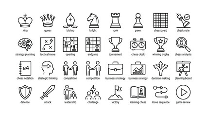 Comprehensive collection of chess game pieces tactical moves and business strategy outline icons vector set © MARUF
