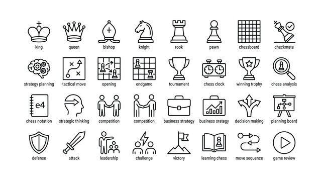 Comprehensive collection of chess game pieces tactical moves and business strategy outline icons vector set