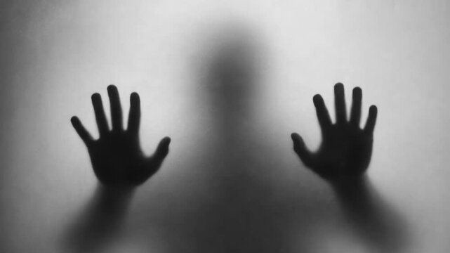 Shadow of hands pressed on frosted glass creating mysterious and eerie silhouette in black and white