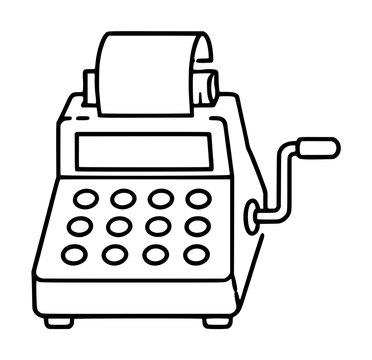 Hand-drawn black line vector icon of a vintage mechanical adding calculator with paper receipt roll, numeric keypad, digital display window, and side crank handle, isolated on white background
