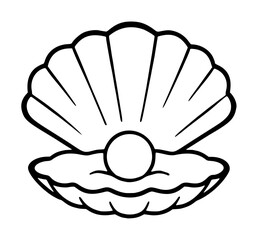 Hand-traced black and white vector illustration of an open scallop seashell displaying a single round pearl nestled within its ribbed bivalve interior for ocean themed designs © Hassan