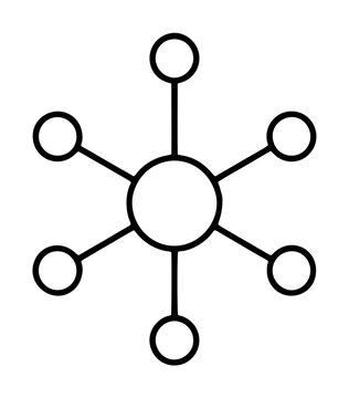 Hand-traced vector icon illustration of a central data node with six radiating circular connection points, depicting network topology, distribution, and connectivity structure in minimal black