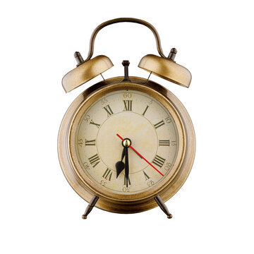 alarm clock, vintage clock with time 6 hours 30 minutes, a.m. 6:30, p.m. 6:30, on isolated white background close-up