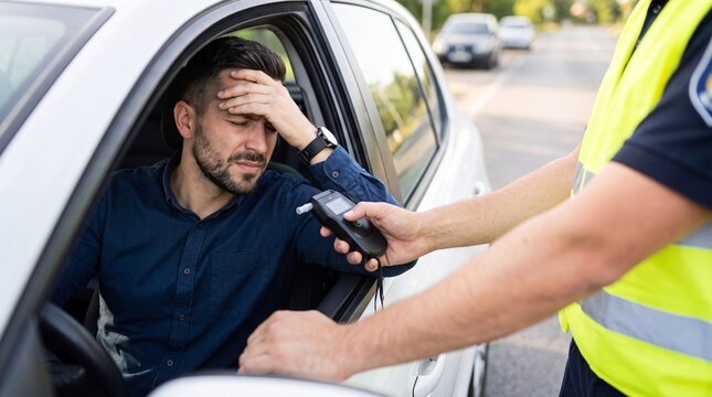 Man in blue shirt sitting in car while police officer conducts breathalyzer test on roadside during traffic stop