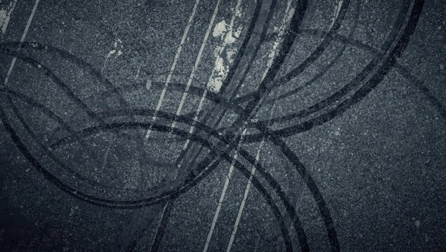 Aerial perspective of tire tracks on pavement with lane lines, abstract city texture backdrop, transportation and safety theme.