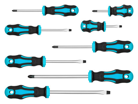 Ergonomic multi size Blue screwdrivers bundle for comfortable manual labor and fixing. Useful construction asset banner for diy improvement and carpentry website