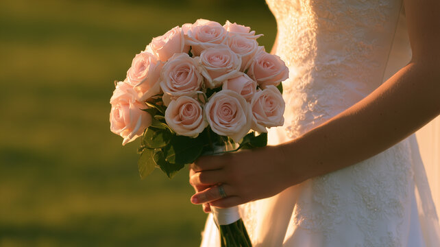 A side view medium shows a bride's hand holding a bouquet of pale pink roses. the bride wears a white wedding dress decorated with lace. Ai generat