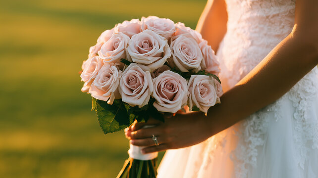A side view medium shows a bride's hand holding a bouquet of pale pink roses. the bride wears a white wedding dress decorated with lace. Ai generat