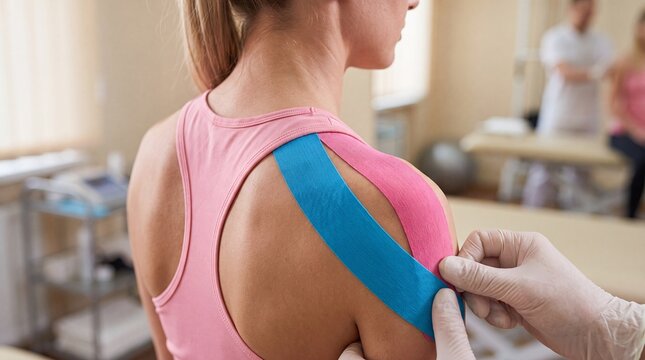 Female patient receiving kinesiology tape application on shoulder by therapist in a rehabilitation clinic with medical equipment in the background