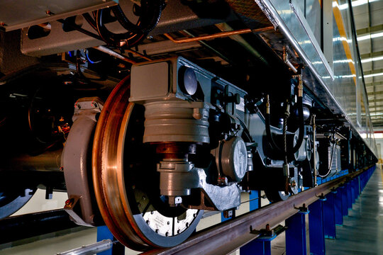Metro Train Undercarriage and Wheelset in Rail Maintenance Facility