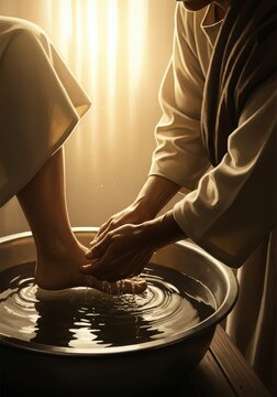Jesus Christ Washing the Feet of His Disciple in a Humble Act of Service and Love Biblical Illustration