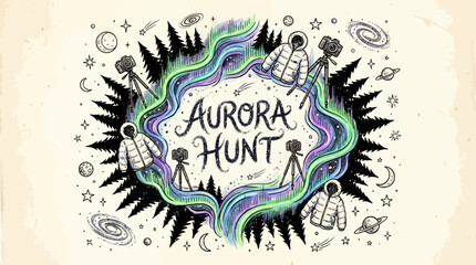 Illustration centered on the words AURORA HUNT surrounded by greenpurple auroras pine trees cameras and parkas © Fauzan Adzima