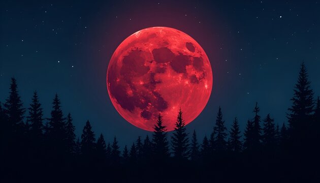 Big Red Moon Rising Over Forest in Night Sky, Dramatic Blood Moon Vector Illustration with Dark Woodland Silhouette, Starry Landscape and Mystical Lunar Background