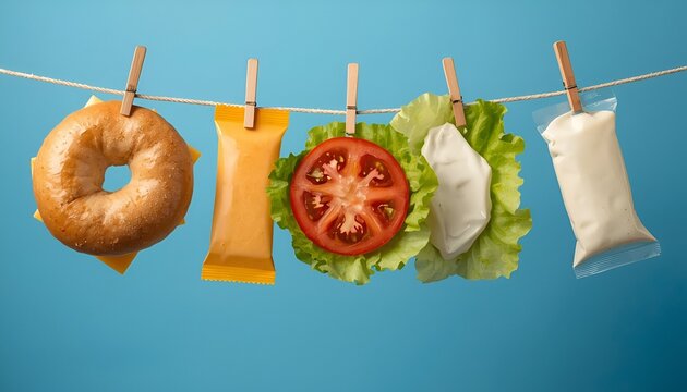 Creative Bagel Sandwich Ingredients Hanging on Clothesline with Cheese, Tomato, Lettuce and Mayonnaise Packets on Blue Background, Minimal Food Concept