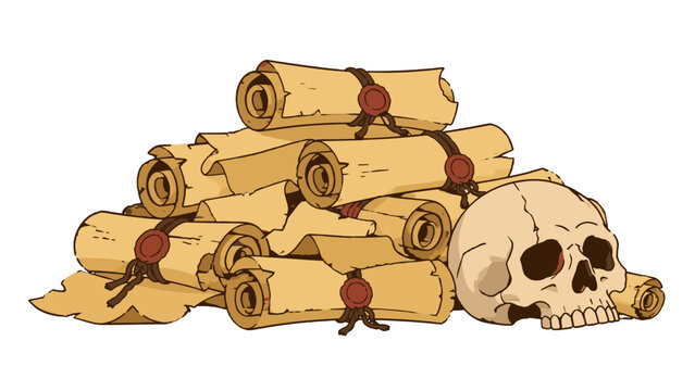 Pile of aged parchment scrolls with human skull illustration