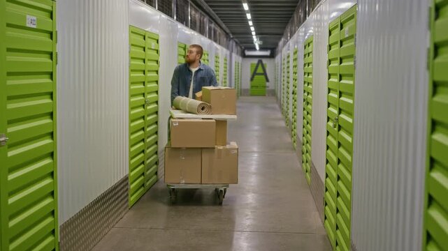 Young adult Caucasian man pushing cart loaded with cardboard boxes down corridor of self storage facility. Footage ideal for commercial moving services, relocation, or storage unit rental ads