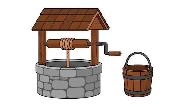Traditional stone water well with wooden bucket illustration