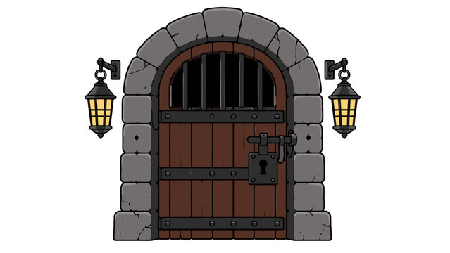 Old wooden prison cell door with stone arch and lanterns