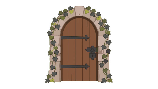 Old wooden arched door with stone frame and climbing ivy