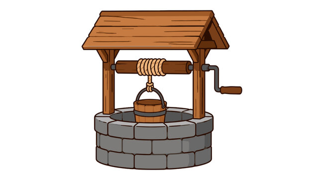 Old wooden water well with bucket, rope, and hand crank