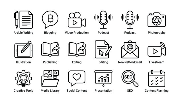 Collection of black outline icons for digital content creation online marketing and media production strategy