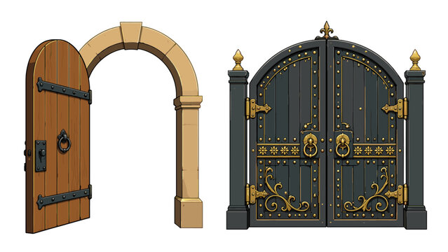 Set of antique wooden and ornate metal gates isolated