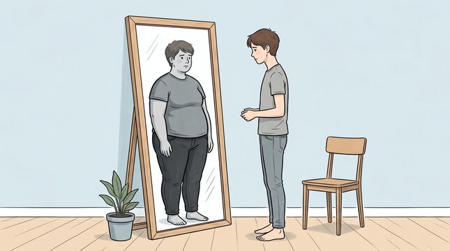 Young man sees different reflection in mirror with emotional impact