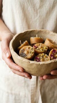 Woman holding ceramic bowl filled with handmade wax candles decorated with dried flower. Zero waste lifestyle and natural craft hobby. Sustainable living concept for eco friendly home.