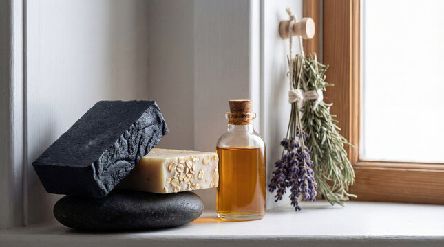 Handmade organic soap bars and essential oil in glass bottle with dried lavender and rosemary. Zero waste lifestyle concept. Natural bathroom products for skincare and eco friendly home.