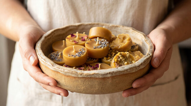Woman holding handmade beeswax candles with dried flowers in ceramic bowl. Eco-friendly organic home decor and sustainable lifestyle concept. Natural material craft for zero waste life.