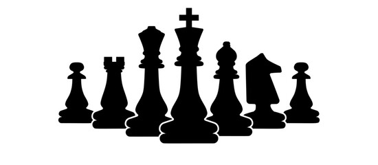 Black chess pieces silhouette on a white background representing strategy and intellectual gameplay © RIMA