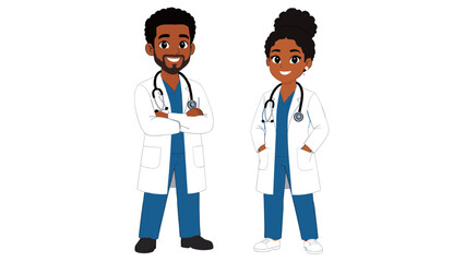 Fototapeta premium Male and female doctors in white coats vector illustration
