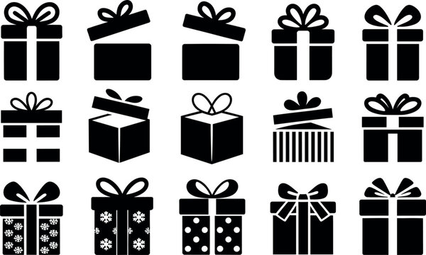Black Silhouette Gift Box Icon Pack with Opened Packages Ribbon Bows and Snowflake Textures for Christmas Holiday UI Graphic Vectors