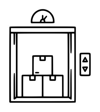 Minimalist black line vector icon illustration of a freight elevator carrying stacked cargo boxes, featuring an overhead motor and side directional control panel buttons