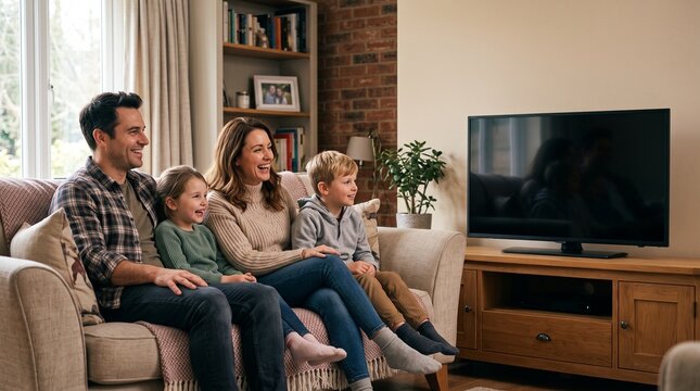 Family sitting on a couch watching a football game on TV during Thanksgiving with engaged expressions. Holiday lifestyle photo for sports brands and entertainment marketing.