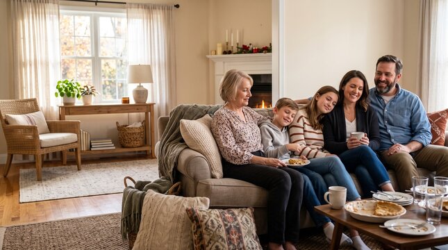 Family relaxing together on a couch after a Thanksgiving dinner with content satisfied expressions. Cozy holiday lifestyle photo for furniture brands and family marketing.